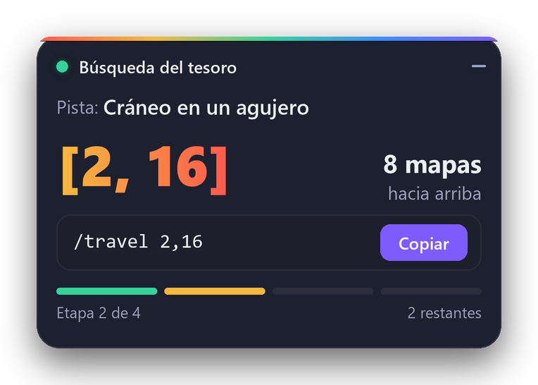 Panel de Spiritia sobre el juego: pista «Cráneo en un agujero», destino [2, 16], 8 mapas hacia arriba, con el comando /travel 2,16 listo para copiar